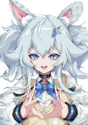 Rule 34 | 1girl, absurdres, animal, animal ear fluff, black choker, blue bow, blue eyes, bow, bowtie, choker, collared shirt, commentary request, girls&#039; frontline, grey hair, hair between eyes, hair ornament, heart, heart-shaped pupils, heart hands, highres, laomotou, long hair, long sleeves, looking at viewer, messy hair, official alternate costume, open mouth, pa-15 (girls&#039; frontline), pa-15 (high school thrills) (girls&#039; frontline), shirt, simple background, smile, solo, straight-on, symbol-shaped pupils, twintails, upper body, vest, white background, white shirt
