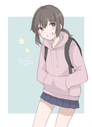 Rule 34 | 1girl, alternate costume, backpack, bag, black hair, blue skirt, cowboy shot, dated, fubuki (kancolle), green eyes, grey sweater, grin, hiroe (cosmos blue-02 421), hood, hooded sweater, hoodie, kantai collection, leaning forward, long hair, looking at viewer, low ponytail, pleated skirt, ponytail, short ponytail, sidelocks, signature, skirt, smile, solo, standing, star (symbol), sweater