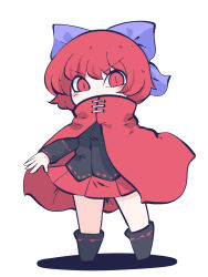 Rule 34 | 1girl, black footwear, black shirt, blue bow, blush stickers, boots, bow, chahan (fried rice0614), cloak, full body, hair bow, highres, long sleeves, one-hour drawing challenge, pleated skirt, red cloak, red eyes, red hair, red skirt, sekibanki, shirt, short hair, simple background, skirt, solo, standing, touhou, white background