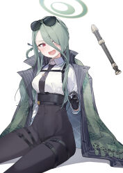 Rule 34 | :d, absurdres, asymmetrical hair, black gloves, black necktie, black pants, blue archive, braid, chest strap, coat, coat on shoulders, cropped legs, eyewear on head, flute, gloves, green coat, green hair, hair over one eye, halo, highres, instrument, light blush, long hair, looking to the side, mina (blue archive), necktie, open mouth, pants, recorder, red eyes, shirt, side braid, smile, sunglasses, sweatdrop, thigh strap, tie clip, white background, white shirt, yanyo (ogino atsuki)