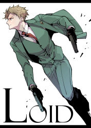 Rule 34 | 1boy, black gloves, blonde hair, buttons, character name, collared shirt, dual wielding, foot out of frame, formal, gloves, green jacket, green pants, green suit, green vest, gun, handgun, holding, holding gun, holding weapon, jacket, letterboxed, long sleeves, looking to the side, male focus, nair (mindcreator), necktie, pants, parted bangs, red necktie, shirt, short hair, solo, spy x family, suit, suit jacket, twilight (spy x family), vest, waistcoat, weapon, white shirt