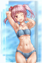 Rule 34 | 1girl, abs, arms behind head, bikini, blue bikini, breasts, collarbone, commentary request, cowboy shot, hair bobbles, hair ornament, kantai collection, looking at viewer, navel, one eye closed, pink eyes, pink hair, sazanami (kancolle), short hair, small breasts, solo, swimsuit, thigh gap, twintails, uranoko, water