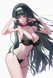 1girl alternate_costume astra_yao black_hair blunt_sidelocks hairband highres lingerie long_hair mumu_0221 navel simple_background smile solo underwear uneven_bangs white_background white_hairband zenless_zone_zero