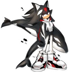 Rule 34 | 1boy, animal hood, animal nose, closed mouth, expressionless, full body, furry, furry male, highres, hood, hood up, hoodie, male focus, orca hood, pants, red eyes, shadow the hedgehog, shoes, simple background, solo, sonic (series), standing, stuffed orca, usa37107692, white background, white pants