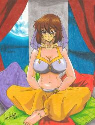 Rule 34 | 1girl, 2021, absurdres, april o&#039;neil, arabian clothes, breasts, brown hair, cleavage, commission, feet, harem outfit, highres, large breasts, moon, navel, night, ravernclouk design, short hair, solo, teenage mutant ninja turtles, traditional media