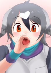 Rule 34 | 1girl, black hair, brown eyes, commentary, fellatio, grey hair, hair ornament, head wings, heart, heart hair ornament, highres, kemono friends, long hair, looking at viewer, masuyama ryou, multicolored hair, open mouth, oral, pink background, portrait, rock pigeon (kemono friends), scarf, sexually suggestive, short sleeves, simple background, simulated fellatio, solo, tongue, wings, wristband
