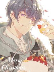 Rule 34 | 1boy, cake, food, food on face, fruit, grey jacket, grin, hair between eyes, highres, holding, holding food, jacket, jiukuzi18797, looking at viewer, marius von hagen (tears of themis), open mouth, petals, polo shirt, purple eyes, purple hair, shirt, short hair, simple background, smile, solo, strawberry, tears of themis, teeth, white background, white shirt