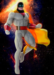 Rule 34 | 1boy, 3d, abs, absurdres, bara, bodysuit, cape, clenched hand, franco molina, full body, highres, looking at viewer, male focus, mask, muscular, outdoors, pectorals, solo, space, space ghost, space ghost (series), superhero costume, white bodysuit, white eyes, yellow cape