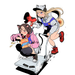 2girls animal_ears animal_hat baseball_cap black_thighhighs blonde_hair blue_eyes blush brown_hair cat_ears cat_girl cat_hat cat_tail chips_(food) dog_ears dog_girl dog_tail drawstring food food_in_mouth full_body grey_hoodie grey_skirt hat headphones headphones_around_neck highres holding hood hood_down hoodie ken_sogen kmnz lita_(kmnz) liz_(kmnz) long_hair long_sleeves megaphone miniskirt multiple_girls open_mouth overall_skirt pink_eyes pink_hoodie pleated_skirt potato_chips red_eyes red_footwear running shoes short_hair simple_background skirt sneakers socks squatting tail teeth thighhighs tongue tongue_out virtual_youtuber white_background