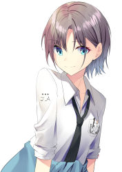 Rule 34 | 1girl, absurdres, aqua eyes, asakura toru, black necktie, blue hair, breast pocket, closed mouth, clothes around waist, collared shirt, commentary request, gradient hair, grey hair, highres, idolmaster, idolmaster shiny colors, looking at viewer, megurumiru, multicolored hair, necktie, parted bangs, pen, pocket, school uniform, shirt, short hair, simple background, sleeves pushed up, smile, solo, star (symbol), upper body, white background, white shirt, wing collar