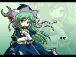 Rule 34 | 1girl, character name, chibi, despairy4944, female focus, green eyes, green hair, hat, long hair, matching hair/eyes, mima (touhou), mystic square, polearm, ribbon, solo, star (symbol), touhou, touhou (pc-98), weapon, wizard hat, zoom layer