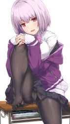 Rule 34 | 1girl, absurdres, black pantyhose, black skirt, blush, breasts, clothes lift, collared shirt, commentary request, crotch seam, desk, feet, gridman universe, grin, hands on own knees, highres, hood, hood down, hooded jacket, interlocked fingers, jacket, knee up, large breasts, light purple hair, long sleeves, looking at viewer, nanaku teiru, no shoes, off shoulder, on desk, open mouth, panties, panties under pantyhose, pantyhose, pleated skirt, purple neckwear, red eyes, revision, school desk, school uniform, see-through, shinjou akane, shirt, short hair, simple background, sitting, skirt, skirt lift, smile, solo, ssss.gridman, toes, underwear, white background, white shirt