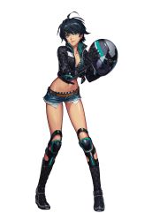 Rule 34 | 1girl, belt, black hair, black survival, blue eyes, cropped jacket, cutoffs, earrings, full body, gloves, helmet, highres, jacket, jewelry, knee pads, leather, leather gloves, looking at viewer, midriff, motorcycle helmet, navel, official art, one touch, open clothes, open jacket, quilted jacket, short hair, short shorts, shorts, silvia piquet, simple background, smile, solo, standing, white background