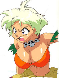 Rule 34 | 1990s (style), 1girl, bare shoulders, blush, breasts, female focus, jungle de ikou, lowres, mii (jungle de ikou), navel, open mouth, short hair, simple background, solo, upper body, white background