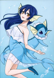 Rule 34 | 1girl, absurdres, blue background, blue hair, blue theme, blush, bubble, creatures (company), dress, forked tail, from side, game freak, gen 1 pokemon, hair between eyes, highres, jewelry, long hair, looking at viewer, love live!, love live! school idol project, mono land, necklace, nintendo, non-web source, open mouth, pokemon, pokemon (creature), scan, simple background, smile, sonoda umi, strapless, strapless dress, tail, underwater, vaporeon, yellow eyes