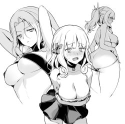 Rule 34 | 1girl, armpits, arms behind head, arms up, ass, back, bare shoulders, bikini, blush, breasts, carmilla (fate), cleavage, curly hair, dress, fate/grand order, fate (series), female focus, greyscale, halterneck, large breasts, leaning forward, long hair, looking at viewer, looking back, micro bikini, monochrome, multiple views, open mouth, parted bangs, ponytail, short dress, simple background, standing, swimsuit, thick thighs, thighs, upper body, vivi (eve no hakoniwa), white background