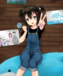 Rule 34 | 1girl, :d, bad id, bad pixiv id, beifeng han, black hair, blush, rabbit hair ornament, candy, child, dolphin, drawing, family, food, hair between eyes, hair ornament, lollipop, long hair, looking at viewer, miyaura sanshio, open mouth, original, overalls, partially translated, purple eyes, short twintails, simple background, sitting, smile, solo, stuffed animal, stuffed toy, text focus, translation request, twintails, v, white background, aged down