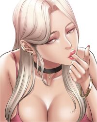 Rule 34 | bimbofication, bracelet, breasts, cleavage, dr stein (pixiv), ear piercing, highres, jewelry, lips, looking at viewer, mia (smoking hypnosis), nail, necklace, piercing, pink tank top, smoking hypnosis, tank top, upper body