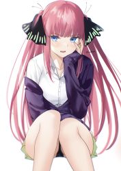 Rule 34 | 1girl, absurdres, artist name, bad id, bad pixiv id, bare legs, black panties, black ribbon, blue eyes, blush, cardigan, collarbone, go-toubun no hanayome, hair ribbon, hand on head, hand on own thigh, hand on thigh, highres, laudayon, long hair, looking at viewer, nail polish, nakano nino, open mouth, panties, pink hair, purple cardigan, ribbon, shirt, skirt, solo, twintails, underwear, white background, white shirt