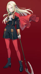 Rule 34 | 1girl, axe, black footwear, black jacket, black shorts, blonde hair, boots, cape, closed mouth, commentary request, edelgard von hresvelg, fire emblem, fire emblem: three houses, forehead, full body, gloves, hair ribbon, high heel boots, high heels, highres, holding, holding axe, hyuuga azuri, jacket, juliet sleeves, long hair, long sleeves, looking at viewer, nintendo, pantyhose, parted bangs, puffy sleeves, purple eyes, purple ribbon, red background, red cape, red pantyhose, ribbon, shorts, simple background, sleeves past wrists, solo, v-shaped eyebrows, very long hair, white gloves