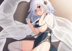 Rule 34 | 1girl, azur lane, blush, braid, breast curtains, breasts, china dress, chinese clothes, dress, garter straps, gloves, hair between eyes, hair ornament, large breasts, looking at viewer, lying, olive (laai), on side, red eyes, revealing clothes, short hair, sirius (azur lane), sirius (azure horizons) (azur lane), solo, thighhighs, white gloves, white hair, white thighhighs