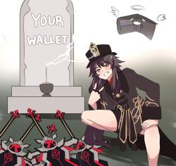 Rule 34 | 1girl, :d, black hair, black nails, black shorts, chinese clothes, claymore (sword), commentary, english text, flower, flying, genshin impact, grant gustin next to oliver queen&#039;s grave (meme), grave, greatsword, grin, hair between eyes, halo, hat, hat flower, hat ornament, highres, hinghoi, hu tao (genshin impact), incense, jewelry, long hair, long sleeves, looking at viewer, meme, nail polish, open mouth, red eyes, ring, shorts, sidelocks, smile, smoke, solo, squatting, sword, symbol-shaped pupils, tombstone, twintails, v, wallet, wings