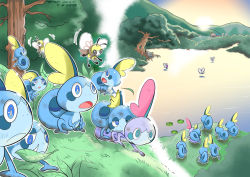 Rule 34 | alternate color, aqua eyes, blue eyes, butterfree, climbing, commentary request, creatures (company), day, dirty, game freak, gen 1 pokemon, gen 7 pokemon, gen 8 pokemon, grass, leaf, lily pad, nintendo, open mouth, outdoors, pokemon, pokemon (creature), ribombee, shiny and normal, shiny pokemon, sobble, sun, takigawa geenito, tongue, tree, water