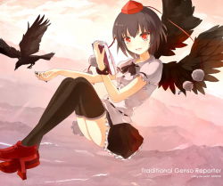Rule 34 | 1girl, :d, arctic, bad id, bad pixiv id, bird, black hair, black thighhighs, black wings, crow, dated, feathered wings, female focus, geta, hat, holding, notepad, open mouth, pen, red eyes, shameimaru aya, short hair, smile, solo, thighhighs, tokin hat, touhou, wings