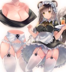 Rule 34 | 1girl, animal ear fluff, animal ears, apron, ass, azur lane, bad id, bad pixiv id, bare shoulders, black dress, black hair, blush, breasts, cleavage, commentary request, dress, frills, garter straps, hair ornament, highres, large breasts, long hair, long tail, looking at viewer, looking back, maid, maid apron, maid headdress, multiple views, naganami (azur lane), naganami (long waves of happiness) (azur lane), neck ribbon, panties, plate, puffy short sleeves, puffy sleeves, ribbon, shibaebi (yasaip game), short sleeves, skunk ears, skunk tail, smile, tail, thighhighs, underwear, waitress, white panties