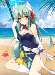 Rule 34 | 1girl, arm support, beach, bird, blue one-piece swimsuit, blush, bow, breasts, choker, cleavage, cloud, cloudy sky, day, detached collar, elbow gloves, fate/grand order, fate (series), floating hair, flower, gloves, green hair, guhua67, hair between eyes, hair bow, hair flower, hair ornament, hibiscus, highres, kiyohime (fate), kiyohime (fate/grand order), kiyohime (swimsuit lancer) (fate), kiyohime (swimsuit lancer) (second ascension) (fate), long hair, looking at viewer, medium breasts, ocean, one-piece swimsuit, outdoors, red bow, red flower, sideboob, sitting, sky, smile, solo, swimsuit, very long hair, white gloves, white legwear, yellow bow, yellow eyes
