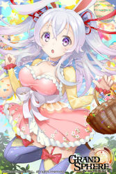 Rule 34 | 1girl, animal ears, basket, blue legwear, blue sky, bow, breasts, chestnut mouth, cleavage, copyright name, cowboy shot, day, easter egg, egg, garter straps, grand sphere, kuroi nyan, large breasts, official art, original, outdoors, pink skirt, purple eyes, rabbit ears, red bow, red ribbon, ribbon, silver hair, skirt, sky, standing, standing on one leg, watermark, white bow