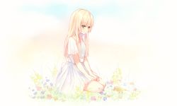 Rule 34 | 1girl, animal, artist name, bird, blonde hair, blunt bangs, closed mouth, dress, flower, full body, gradient background, hands on lap, hyanna-natsu, looking down, on grass, original, short sleeves, sitting, smile, solo, white dress, yellow eyes