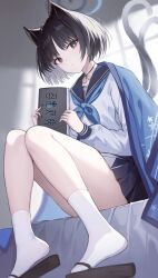Rule 34 | 1girl, animal ears, black eyes, black hair, blue archive, blue skirt, book, bright pupils, cat ears, cat tail, highres, kikyou (blue archive), looking at viewer, medium hair, sailor collar, sitting, skirt, socks, solo, tail, thighs, un uk, white pupils, white socks