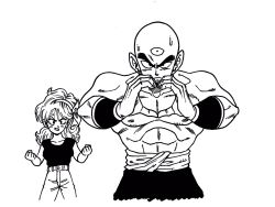 Rule 34 | 1boy, 1girl, bald, belt, clenched hands, commentary request, dragon ball, dragon ball (classic), frown, greyscale, hairband, heart, heart hands, highres, lee (dragon garou), lunch (bad) (dragon ball), lunch (dragon ball), monochrome, muscular, serious, smile, sweat, tenshinhan, third eye, topless male, wristband
