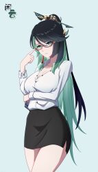 Rule 34 | 1girl, absurdres, black hair, black skirt, book, breasts, ceciliashaniat, cleavage, collared shirt, colored inner hair, genshin impact, glasses, green background, green eyes, green hair, highres, holding, holding book, large breasts, long hair, long sleeves, looking at viewer, multicolored hair, office lady, ponytail, red-framed eyewear, semi-rimless eyewear, shirt, simple background, skirt, solo, standing, white shirt, xianyun (genshin impact)