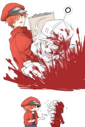Rule 34 | 10s, 1boy, 1girl, ae-3803, ahoge, black eyes, blood, blood on clothes, cabbie hat, flying sweatdrops, gloves, grey eyes, hair over one eye, hat, hataraku saibou, jacket, looking at another, package, red blood cell (hataraku saibou), red gloves, red hair, red jacket, role reversal, smile, u-1146, uniform, white blood cell (hataraku saibou), white hair
