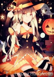 Rule 34 | 1girl, alternate eye color, alternate hair color, bad id, bad pixiv id, blonde hair, ghost, halloween, happy halloween, hat, hatsune miku, jack-o&#039;-lantern, lococo:p, looking at viewer, smile, solo, striped clothes, striped thighhighs, thighhighs, vocaloid, witch hat, yellow eyes