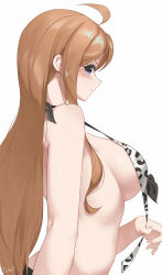 Rule 34 | 1girl, absurdres, ahoge, animal print, artist name, bikini, blue eyes, blush, breasts, brown hair, closed mouth, commentary request, from side, highres, idolmaster, idolmaster million live!, idolmaster million live! theater days, large breasts, leopard print, long hair, looking at viewer, looking to the side, outstretched arm, print bikini, profile, simple background, solo, strap gap, swimsuit, tokoro megumi, tomid, untied bikini, very long hair, white background, white bikini