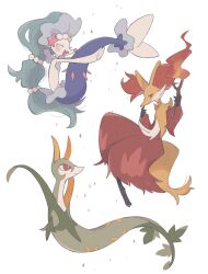 Rule 34 | animal ear fluff, animal ears, blue hair, closed mouth, creatures (company), delphox, fang, fire, floating, fox ears, full body, game freak, gen 5 pokemon, gen 6 pokemon, gen 7 pokemon, highres, hime (himetya105), holding, holding stick, holding wand, nintendo, no humans, open mouth, pokemon, pokemon (creature), pokemon focus, primarina, red eyes, red fur, serperior, skin fang, smile, stick, wand, white background, yellow fur