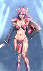 Rule 34 | 1girl, abs, armor, bikini armor, blue eyes, bow (bhp), breasts, chunsoft, dragon quest, dragon quest iii, enix, helmet, highres, muscular, navel, open mouth, purple hair, red armor, shield, shoulder pads, sketch, smile, soldier (dq3), solo, sword, warrior, weapon