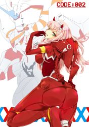 Rule 34 | 10s, 1girl, artist request, ass, bodysuit, breasts, cameltoe, character name, darling in the franxx, from behind, gloves, green eyes, highres, horns, large breasts, long hair, looking at viewer, looking back, pink hair, red bodysuit, shiny clothes, skin tight, solo, tongue, tongue out, zero two (darling in the franxx)