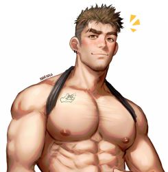 Rule 34 | 1boy, abs, artist name, bara, bare pectorals, biceps, blush, brown eyes, brown hair, buzz cut, chest hair, clothes lift, ear piercing, earrings, facial hair, greenteaa, hamster, jewelry, large pectorals, long sideburns, looking at viewer, male focus, manly, muscular, muscular male, nipples, original, pectorals, piercing, scar, shirt lift, short hair, sideburns, smile, solo, spiked hair, stubble, tank top, tattoo, thick arms, thick eyebrows, upper body, very short hair, white background