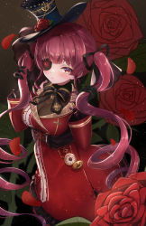 Rule 34 | 1girl, absurdres, black gloves, black ribbon, blush, bodystocking, cleavage, coat, commentary request, eyepatch, feet out of frame, flower, gloves, hair ribbon, hat, higashigure, highres, holding, holding hair, hololive, houshou marine, houshou marine (gothic lolita), leotard, leotard under clothes, long hair, pocket watch, red coat, red eyes, red hair, ribbon, rose, see-through, see-through cleavage, see-through leotard, solo, top hat, twintails, virtual youtuber, watch