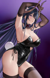 Rule 34 | 1girl, absurdres, alternate costume, armpits, arms up, bare shoulders, black detached collar, black hair, black leotard, blush, bow, bowtie, breasts, brown gloves, brown thighhighs, cleavage, commentary request, detached collar, elbow gloves, eyeshadow, genshin impact, gloves, gradient background, hair down, half-closed eyes, highleg, highleg leotard, highres, horns, kikimi, large breasts, leotard, lips, long hair, makeup, mole, mole under eye, open mouth, playboy bunny, purple background, purple eyes, purple eyeshadow, rabbit tail, raiden shogun, raiden shogun (magatsu mitake narukami no mikoto), red bow, red bowtie, simple background, solo, standing, strapless, strapless leotard, thick thighs, thighhighs, thighs, very long hair