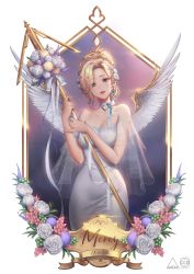 Rule 34 | 1girl, artist logo, artist name, blonde hair, blue eyes, bouquet, breasts, character name, cleavage, collarbone, copyright name, dress, eyes visible through hair, fingernails, flower, gem, gold, gold trim, hair flower, hair ornament, halo, head tilt, high ponytail, highres, holding, holding pole, large breasts, light particles, lips, long fingernails, long hair, looking at viewer, love cacao, mechanical halo, mechanical wings, mercy (overwatch), neck ribbon, overwatch, overwatch 1, parted lips, pole, ponytail, purple gemstone, ribbon, rose, see-through, shawl, smile, solo, taut clothes, taut dress, wedding dress, white dress, white flower, white ribbon, white rose, wings
