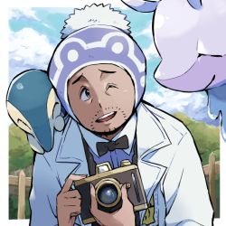 Rule 34 | 1boy, ;d, ayo (ayosanri009), beanie, border, bow, bowtie, camera, cloud, collared shirt, commentary request, creatures (company), cyndaquil, dark-skinned male, dark skin, day, facial hair, fence, game freak, gen 2 pokemon, hat, hisuian goodra, holding, holding camera, lab coat, laventon (pokemon), logo, looking to the side, male focus, nintendo, one eye closed, open mouth, outdoors, pokemon, pokemon (creature), pokemon legends: arceus, shirt, sky, smile, teeth, tongue, upper teeth only, vest, white border