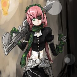 Rule 34 | 1girl, armored dress, artist request, cz2128 delta, eyepatch, frills, gloves, green eyes, gun, highres, long hair, maid, maid headdress, overlord (maruyama), pink hair, puffy sleeves, scarf, solo, weapon