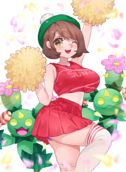 Rule 34 | 1girl, ;d, arm up, blush, breasts, brown hair, cheerleader, creatures (company), game freak, gen 5 pokemon, gloria (pokemon), green eyes, hat, large breasts, looking at viewer, maractus, nintendo, one eye closed, open mouth, petals, pokemon, pokemon (creature), pokemon swsh, pom pom (cheerleading), red skirt, short hair, skirt, smile, standing, standing on one leg, sumisumii, tam o&#039; shanter, thighhighs, white background, white thighhighs