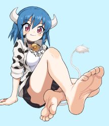 Rule 34 | 1girl, barefoot, blue hair, blush, fang, feet, foot focus, highres, horns, jashin-chan dropkick, long hair, minos (jashin-chan dropkick), oyatsu (mk2), red eyes, simple background, soles, solo, tail, toes