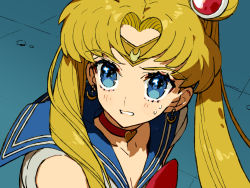 Rule 34 | 1girl, bishoujo senshi sailor moon, blonde hair, blue background, blue eyes, blue sailor collar, bow, bowtie, breasts, choker, cleavage, crescent, crescent earrings, derivative work, earrings, from side, hair ornament, heart, heart choker, jewelry, meme, parted bangs, parted lips, red bow, red bowtie, red choker, sailor collar, sailor moon, sailor moon redraw challenge (meme), school uniform, screenshot redraw, serafuku, solo, sweatdrop, tiara, tsukino usagi, twintails, upper body, wada arco